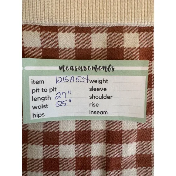 2/$30 Madewell XS Midi Skirt Red Brown & White Gingham Check Elastic Waist Knit - Picture 12 of 14